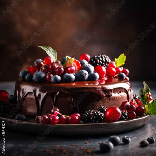 Chocolate cake with ripe berries . generative AI