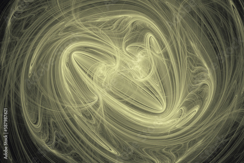Dark yellow swirling pattern of crooked waves on a black background. Abstract fractal 3D rendering