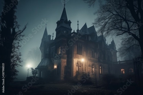 Spooky old gothic castle, foggy night, haunted mansion