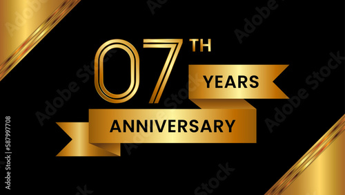 7th Anniversary. Anniversary template design with number and golden ribbon. Logo Vector Template