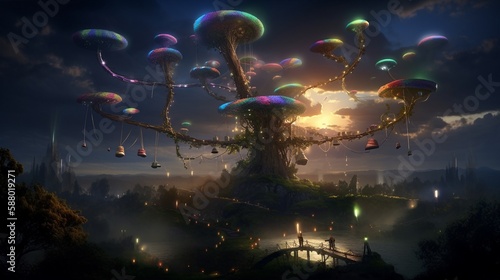"Enchanted Forest with Glowing Mushrooms and Fireflies" Generative AI.