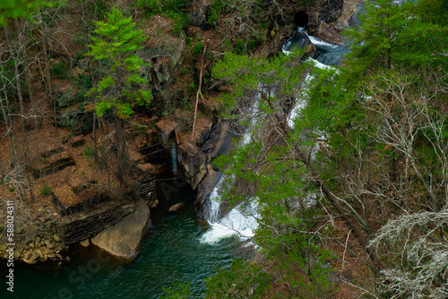 Outlooks around Tallulah Falls are in northeast of Atlanta, Habersham and Rabun County, Georgia. They are a series of six waterfalls cascading through Tallulah Gorge, an ancient 1,000-foot chasm carve