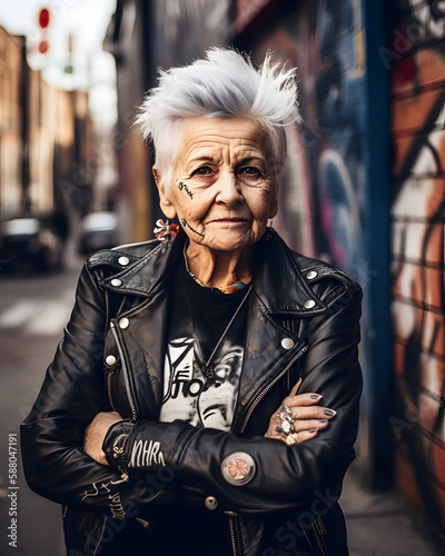 Timeless Attitude: A Leather-Clad Punk Lady at Graffiti Alley