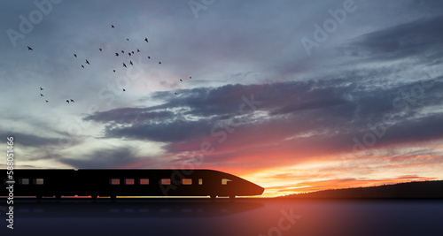High speed train silhouette in motion at sunset. Fast moving modern passenger train on railway platform. Commercial transportation.