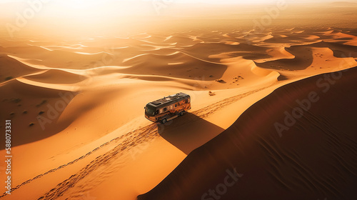 Summer Caravan Travel Adventure - A Fun Road Trip To the Outdoor Desert Landscape, through the Sand Dunes and The Endless Horizon. Generative AI.