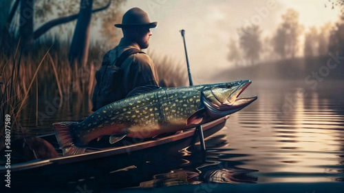 Fishing. Fisherman and trophy Pike. Copy space. Generative AI. (1)