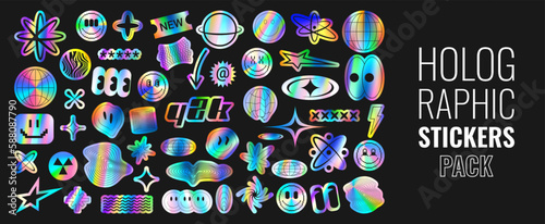 Set of holographic retro futuristic stickers. Vector illustration with iridescent foil adhesive film with symbols and objects in y2k style. Holographic futuristic labels.
