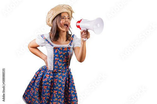 Brazilian woman wearing country clothes, São João party, Junina party. with megaphone announcing promotions and advertisements.