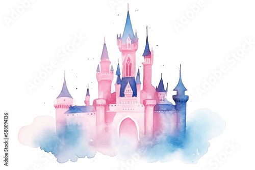 Pink and blue magic castle. Fairy tale castle illustration.