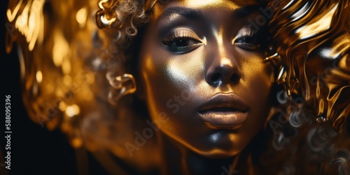 Afroamerikanische Frau Gesicht mit Gold Visagistik Nahaufnahme eine Models für Kosmetik Studio Poster, ai generativ