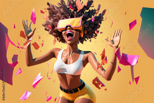 Metaverse avatar of excited black woman in VR goggles, on yellow background. African-American girl shouting with joy and excitement of virtual reality experience. Generative AI
