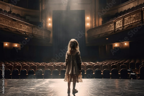 Back view of little girl standing in ray of light on the stage of empty theater, concept of overcoming stage fright. Generative AI