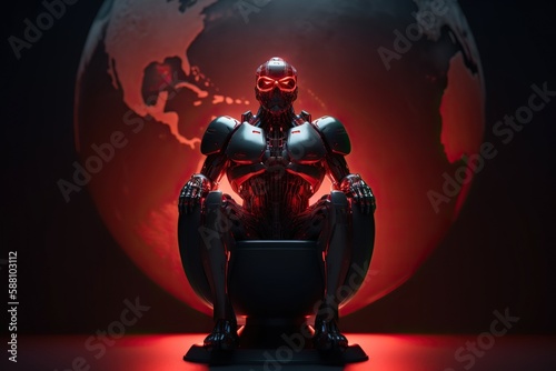 AI takeover concept. Evil robot rules the world, sitting on red throne, nightmare scenario when dangerous artificial intelligence controls planet Earth. Generative AI