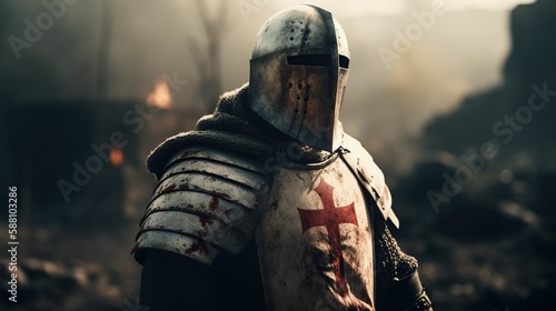 Portrait of knight templar, medieval warrior wearing helmet, standing on battlefield. Generative AI