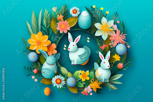 Grafika z królikami wielkanocnymi, dookoła kwiaty
