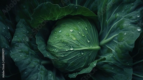 Green cabbage with drops of water on a black background