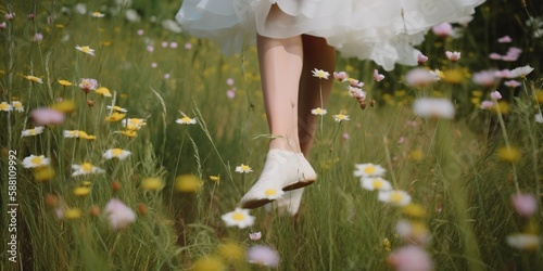 Feet in ballet slippers tiptoeing elegantly through field of wildflowers connecting dance and nature, concept of Nature Connection, created with Generative AI technology