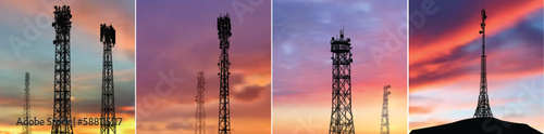 set of antenna silhouettes on four sunset backgrounds