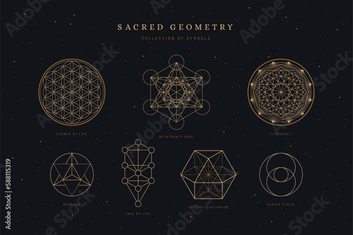 set / collection of sacred geometry symbols or icons, flower of life, metatron's cube, merkaba, tree of life, vesica piscis, vector equililbrium, and tesseract, spiritual / yoga design elements