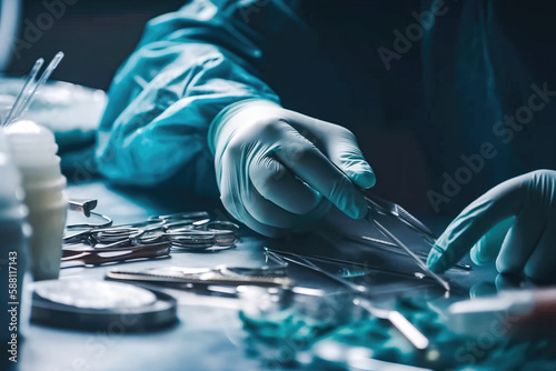 Close up of surgeon in sterile gloves getting ready medical instruments. Generative AI.