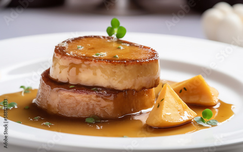 Gourmet seared foie gras with citrus glaze, served with a side of fruit for a delicate balance