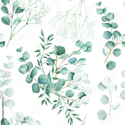 Seamless watercolor pattern with eucalyptus, gypsophila and pistachio branches on white background. Can be used for wedding prints, gift wrapping paper, kitchen textile and fabric prints.