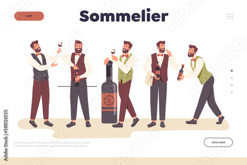 Landing page with friendly smiling sommelier holding glasses and bottle filled alcohol drinks