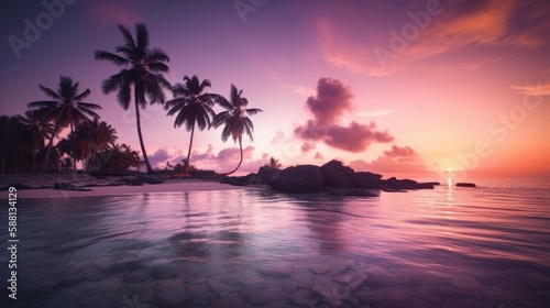 Tranquil Oasis: A Mesmerizing Sunset on a Tropical Beach with - Generated AI