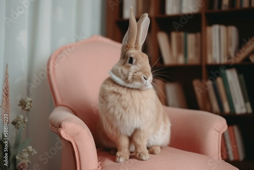 The rabbit sitting on a pink chair with a book in its lap Generative AI