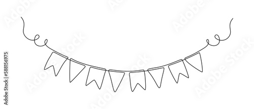 Garland bunting with flags in one continuous line drawing. Birthday and jubilee party decoration in simple linear style. Festoon for celebrate carnival and festivals. Editable stroke. Contour vector