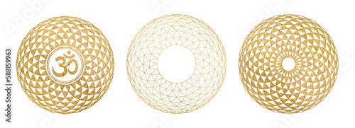 golden torus yantra or lotus flower in three variations, with and without aum / om / ohm symbol - isolated yoga, meditation, or sacred geometry design element with gold texture