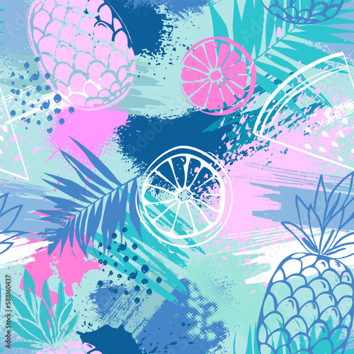 Fashion tropics funny wallpapers. Seamless pattern with pineapples, watermelon and oranges on pastel background. Summer fruits illustration. Fruit mix design for fabric and decor.