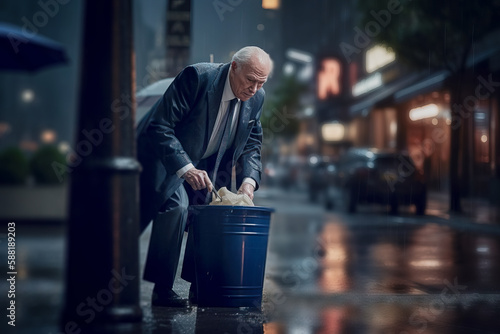 Alter Mann durchsucht Müll nach Brauchbaren