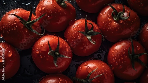 red tomatoes with drops of water on a black background