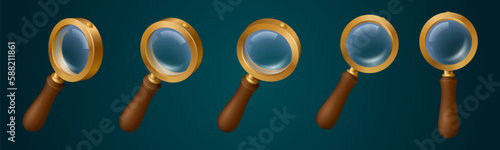3d magnifying glass with transparency vintage game vector icon. Isolated gold magnify lens tool different angle view to analyze information or spy. Metallic detective or inspector loupe element