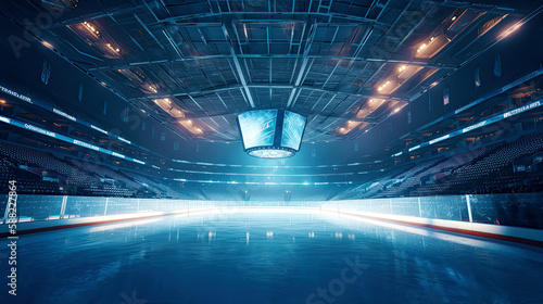 Ice hockey sport arena interior. Postproducted generative AI illustration.