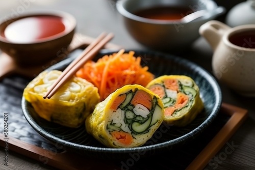 pickled vegetables and a rolled omelette tamagoyaki, Japanese food Generative AI