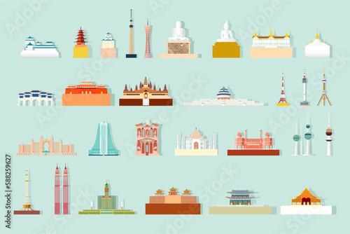 Isolated landmark architecture asia silhouette set with icon.
