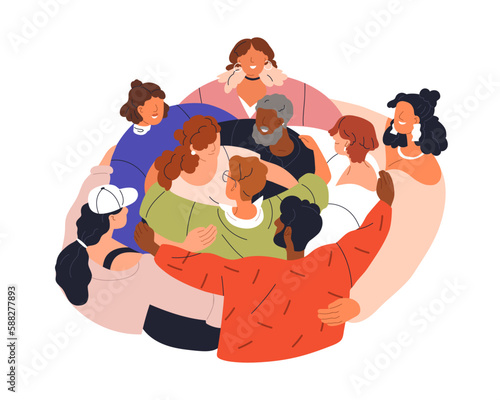 United community, people group hugging together. Support, peace, humanism concept. Supporting loving society. Supportive unity embracing together. Flat vector illustration isolated on white background