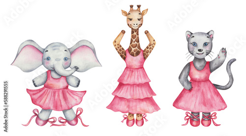 Watercolor illustration. Hand painted cartoon elephant, panther cat, giraffe. Girls in dance studio in pink dress, ballet shoes. African safari animal character. Isolated clip art for children textile