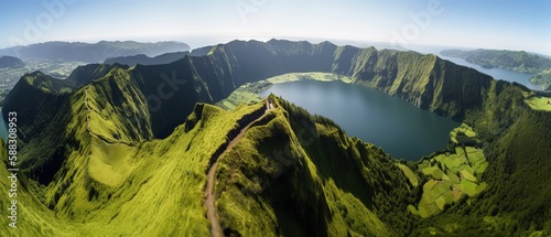 View from the height of the lake among the mountains.Aerial view. Panoramic shot. Generative AI