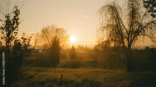A dreamy sunset over a rural landscape with warm oranges and yellows, captured with a vintage lens 