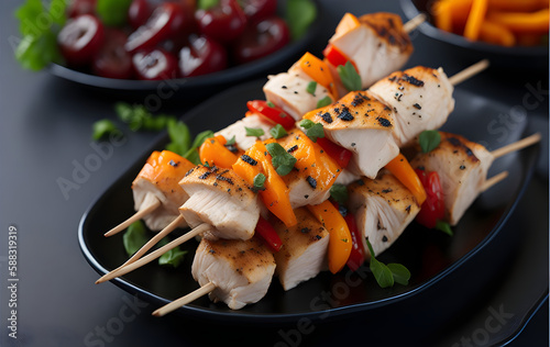 chicken skewers with slices of sweet peppers and dill, shish kebab on skewers, shish kebab on the grill, shish kebab on a skewer