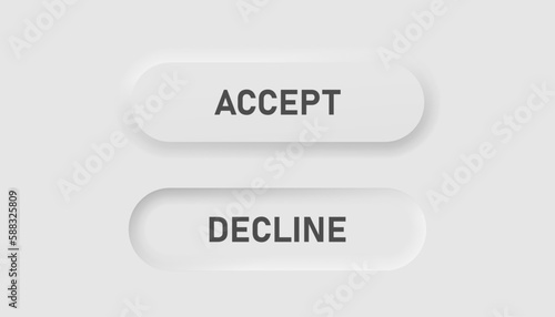Accept and decline buttons icon in neumorphism style. Icons for business, white UI, UX. Yes, no symbol. Next, choice, app, agree . Neumorphic style. Vector illustration.