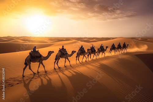 A caravan of camels traverses the desert as the sun sets, casting a mesmerizing glow over the vast expanse, creating a scene of timeless beauty and adventure