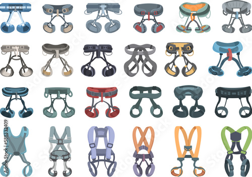 Climbing harness icons set cartoon vector. Gear equipment. Rock tool