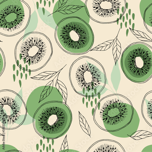 Seamless abstract pattern with kiwi fruit slices. Summer vector background.