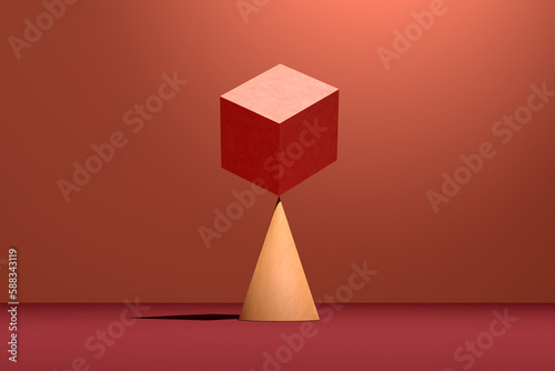 A pink cube block is balancing on a cone. Concept of balance, harmony or stability.