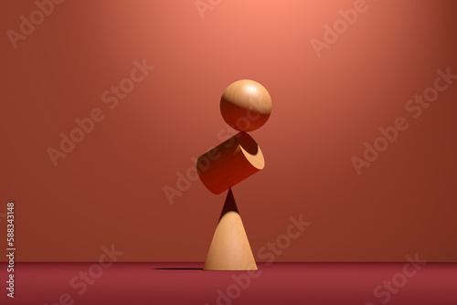 Wooden sphere and a cylinder balancing on a cone.