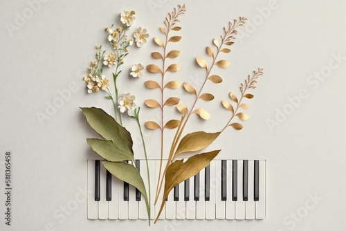 White and golden flowers between piano keys created with Generative AI 